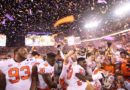 Clemson celebrates college football victory.
